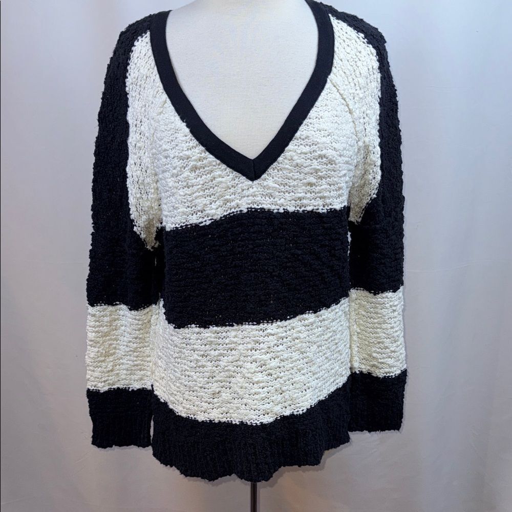 Free People Black and White Striped V-Neck Sweater, Medium